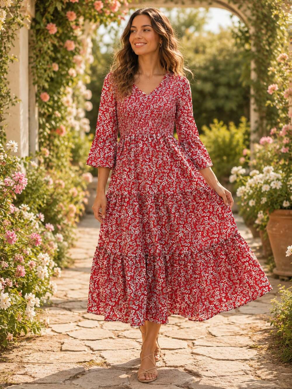 Sweet Salt Red Floral Smocked Tiered Midi Dress Boho Cottagecore Size 6